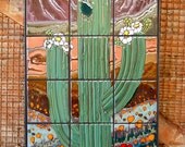 Hand Glazed Ceramic Tile Saguaro with Desert Flowers Mural