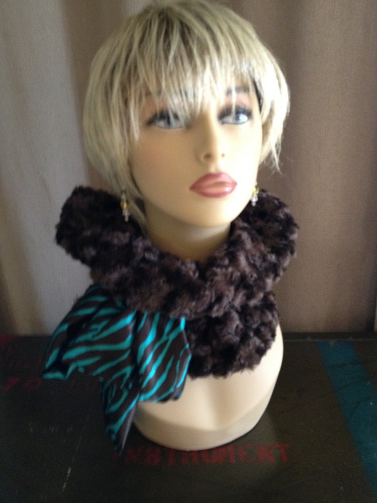 Silky soft  deep brown velboa faux fur scarf / neck warmer with removable / interchangeable scarf insert