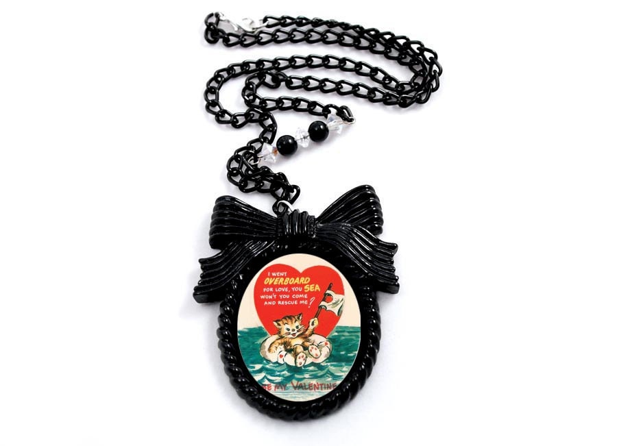 Valentine Pendant Necklace- Vintage Kitten- FREE SHIPPING