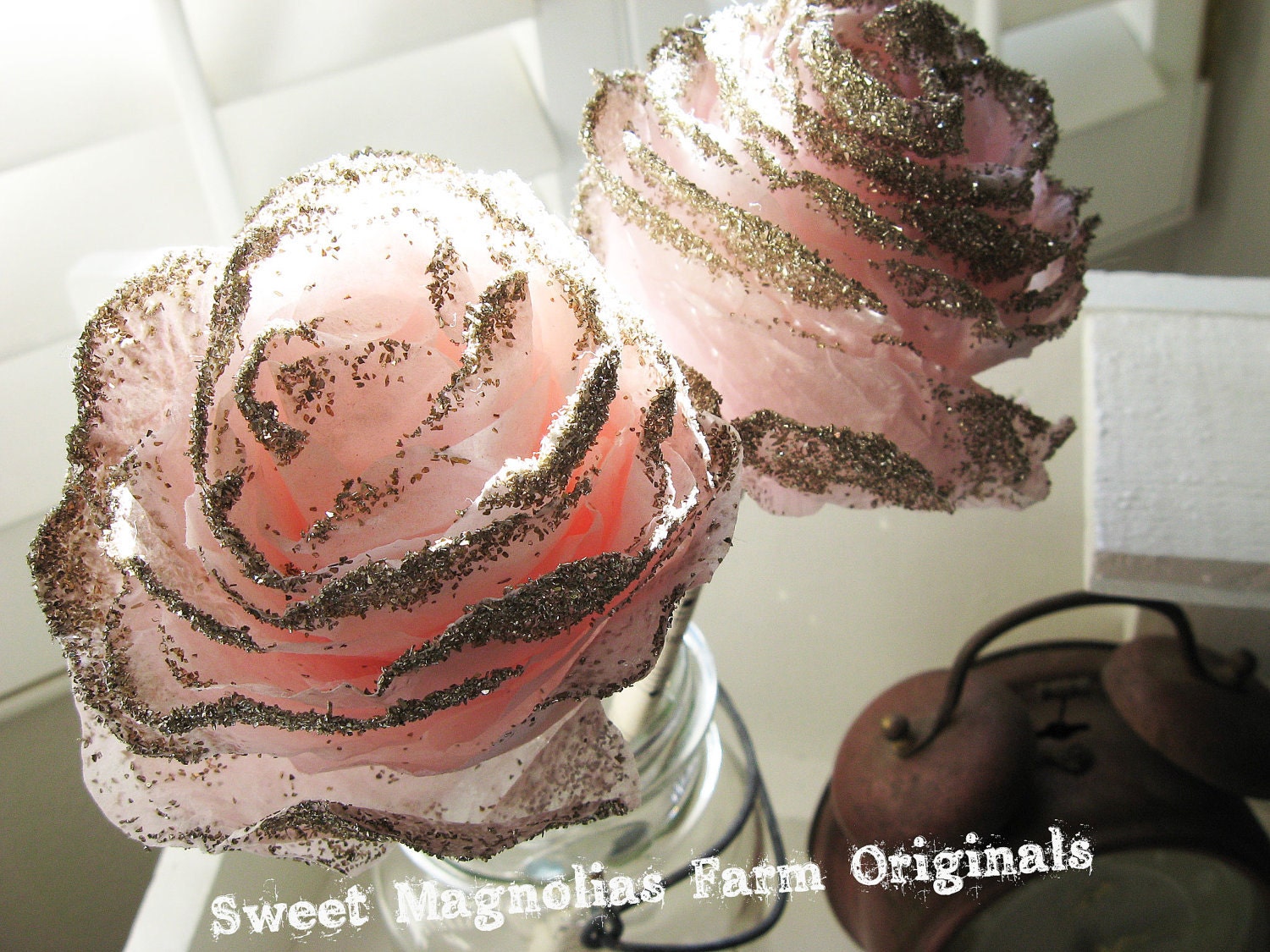 German Glass Glittered Pink Sheet Music Paper Rose (one)