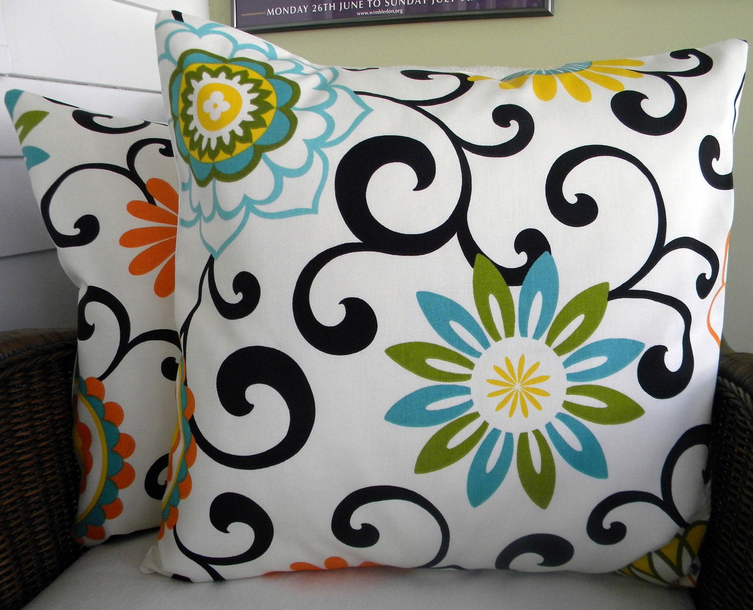 NEW-Pair of Designer Decorative Pillow Covers- Suzani Floral and Scroll - Orange, Aqua, Yellow - 20" Square