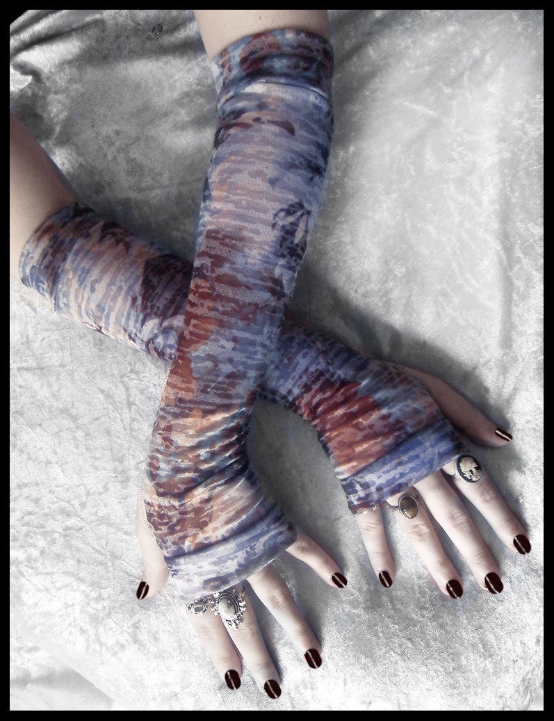 Impressionist Garden Arm Warmers - Plum Purple Blue Brown Grey Floral White - Gothic Bellydance Gypsy Bohemian Cycling Light Boho Yoga Goth