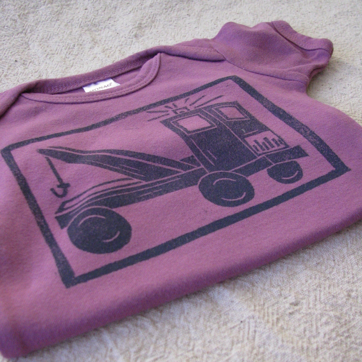 Baby Girl Truck Lino Block Print Onesie, Hand-Dyed, Hand-Printed - 0-3 Month Size
