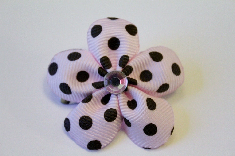 Small Pink with Brown Polka Dot 5 Petal Ribbon Flower