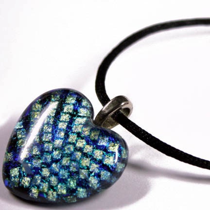 LARGE Green and Black Checkered Dichroic Art Glass Heart Pendant with Necklace 2