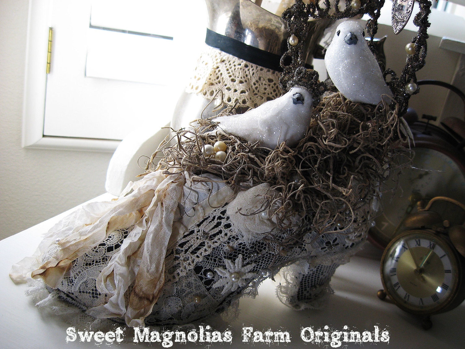 Vintage Lace Covered High Heel with Birds in Nest - Rustic Romance - OOAK by Sweet Magnolias Farm