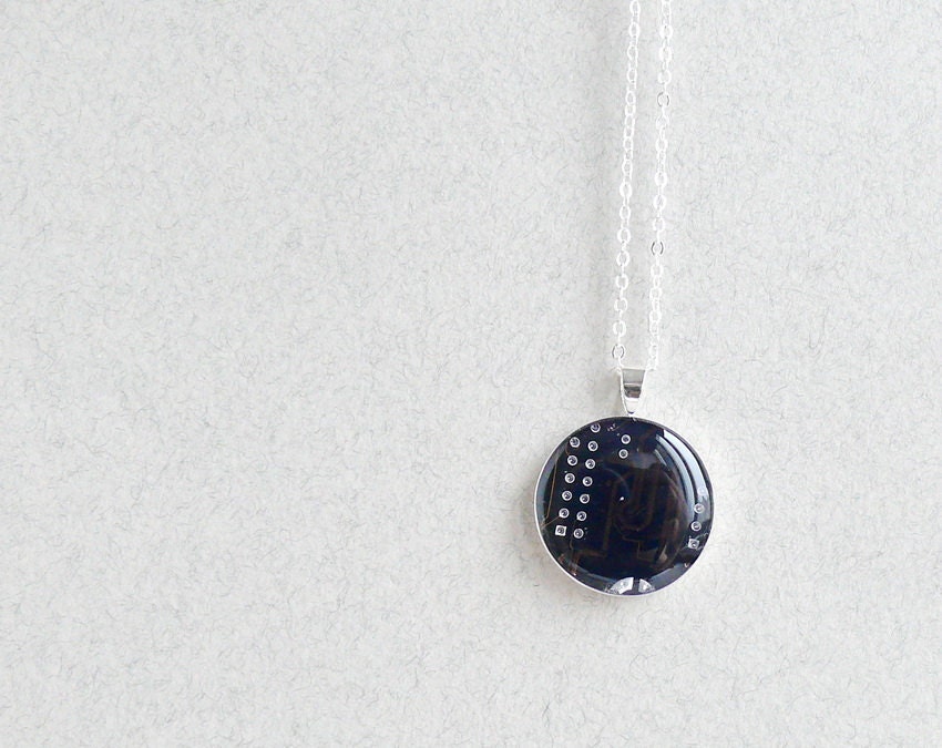 Circuit board geekery necklace Brown with golden lines in silvertone - recycled computer - gift for Dad under 25
