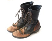 Vintage 2 Tone Rustic Leather Lace Up Boots - Western Urban Motorcycle - claudedonohoshop