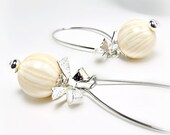 Vanilla and Ivory Stripe Earrings- Vintage Bead Earrings- Bow Earrings- White Earrings-White Jewelry- Wedding Jewelry- Valentines Day
