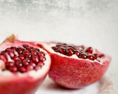 Ruby Fruit - food photography Still life Photograph fresh fruit red Pomegranate kitchen art photo gray white garnet minimalist photography