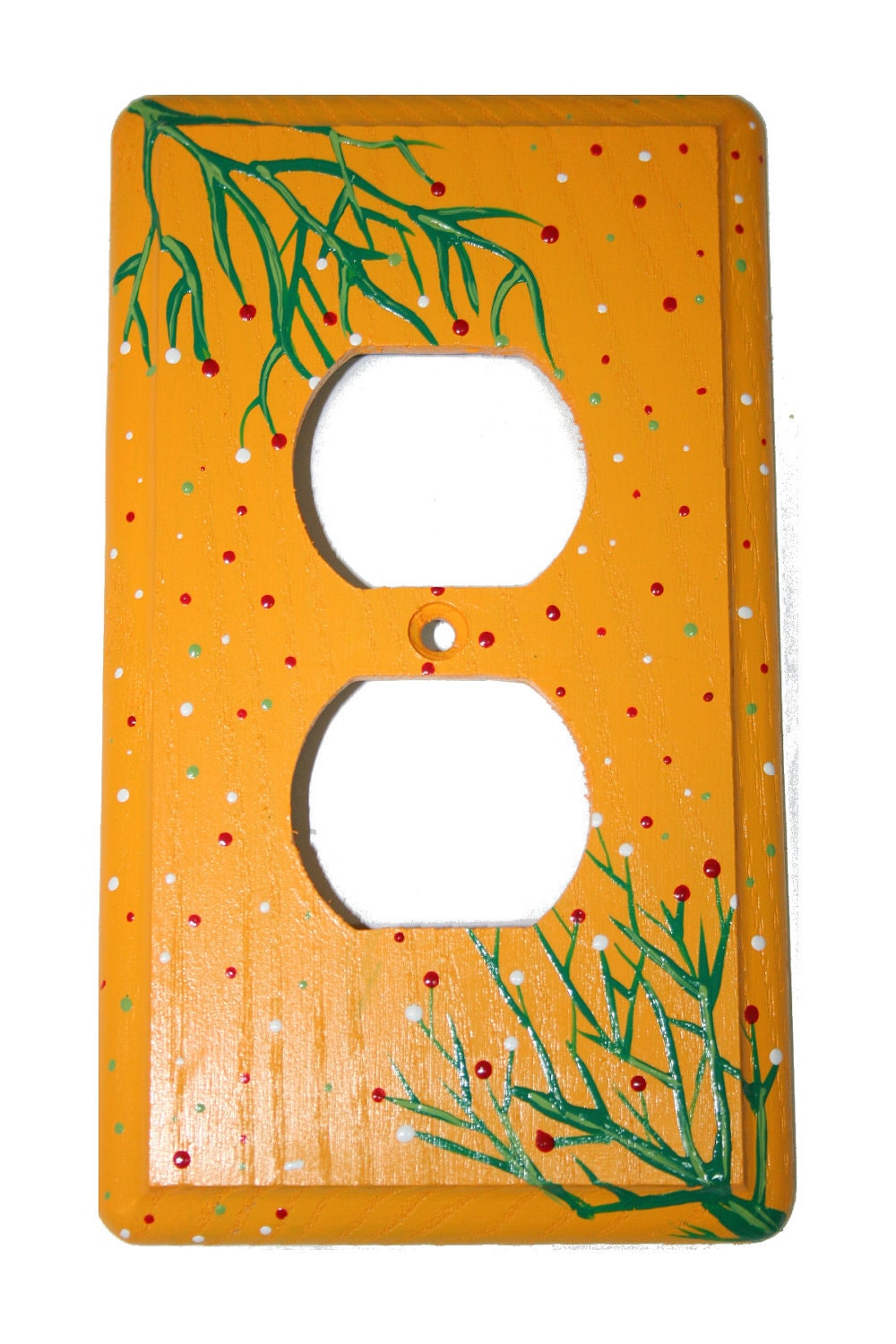 Hand Painted  Duplex Outlet Cover Plate- Yellow with Green Plant with Falling Red White Green Polka Dots