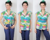 Vacation Resort Blouse Top Bright Fish Floral Medium Short Sleeve