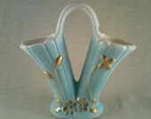 1950's robins egg blue double vase-retro blue and gold accented vase with handle