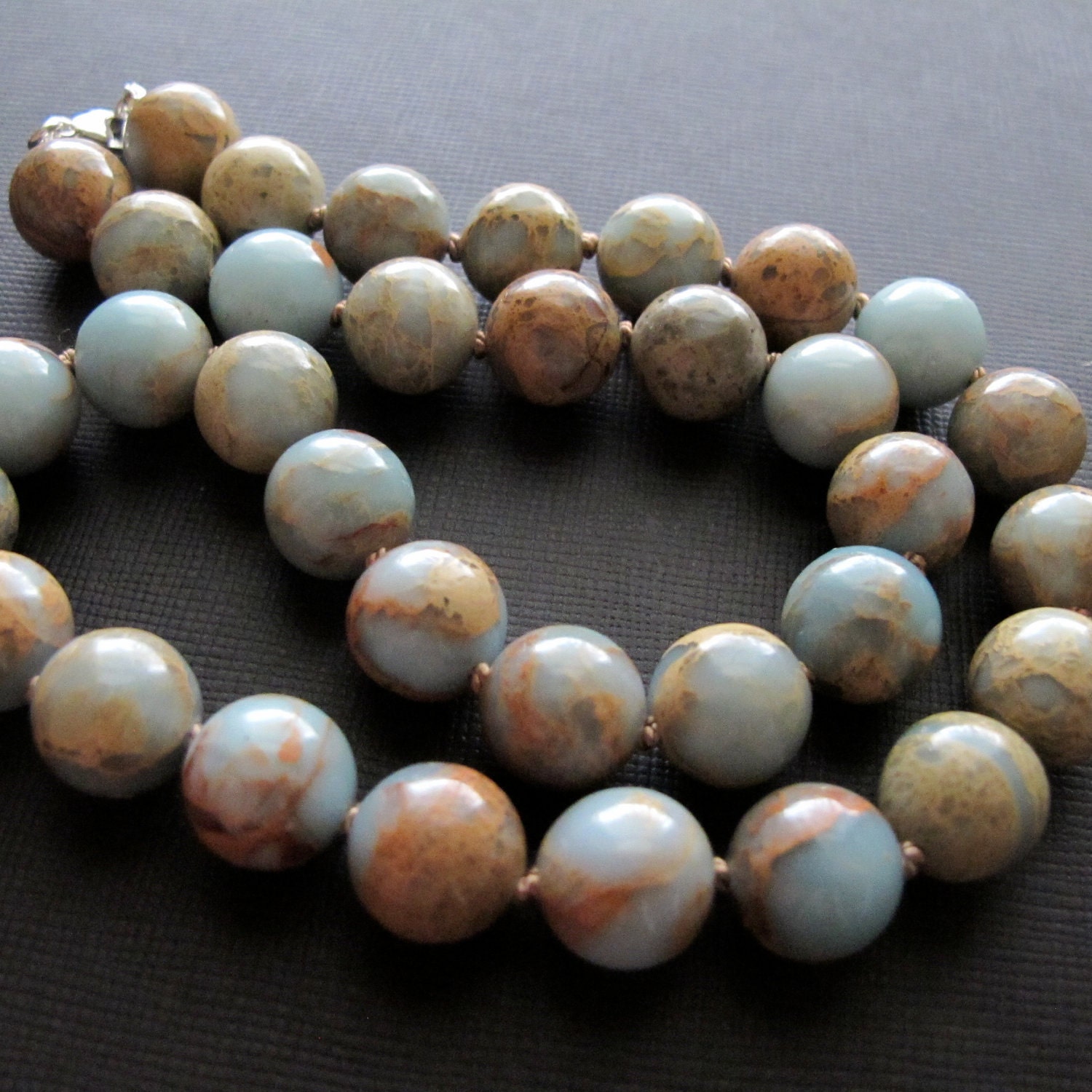 Aqua Terra Jasper Necklace Hand Knotted Round Beaded