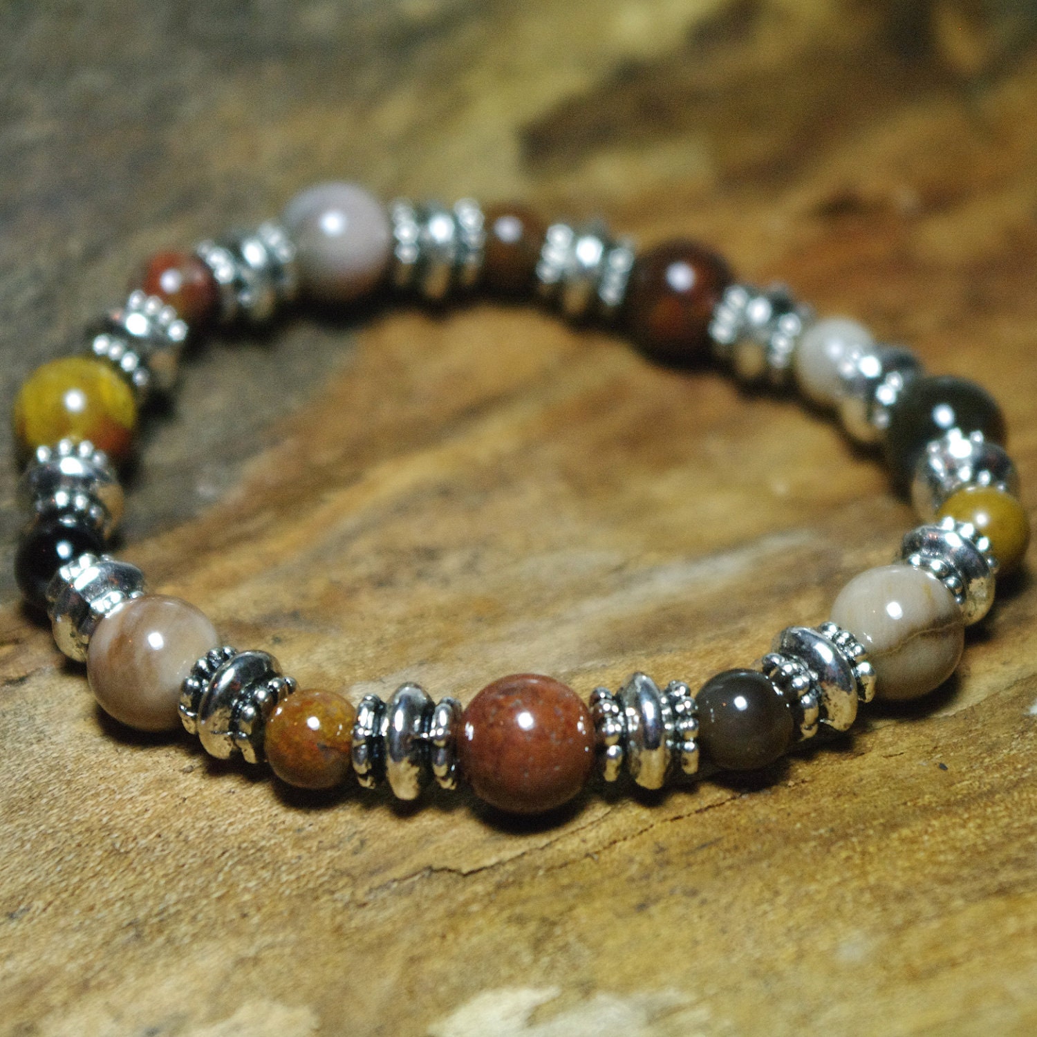 Spring Sale - Wooden Agate Gemstone Beaded Stretch Bracelet - Meditation - Bohemian