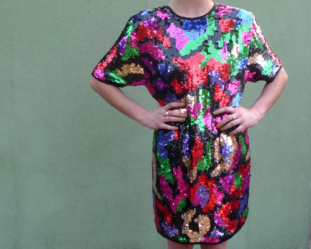 Sequin Dress Cocktail Dress Vintage 80s Sequin Party Dress size Large