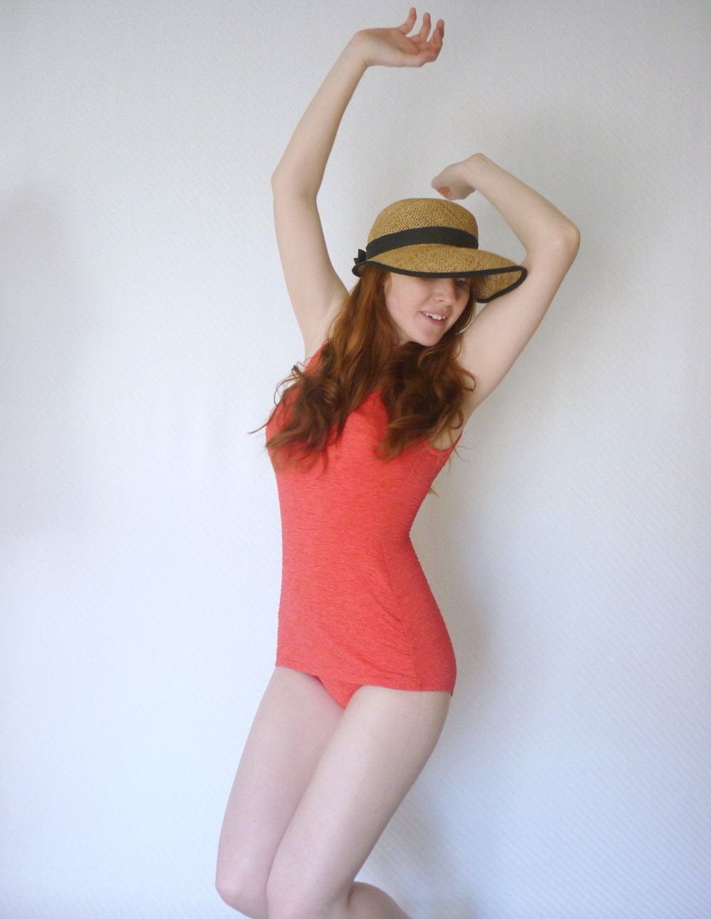 vintage neon pink swimsuit / textured bombshell pin up bathing suit / size medium - large