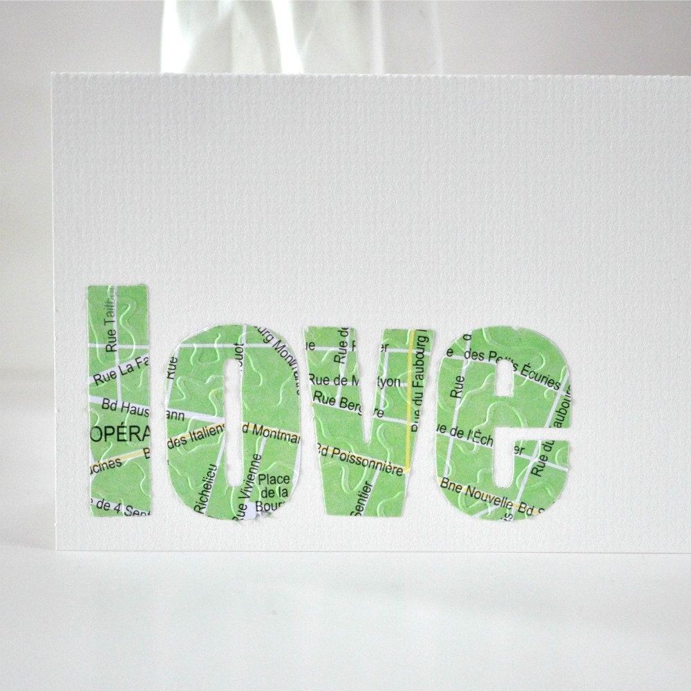 20% SALE Vintage Map LOVE Gift Card Green Paris