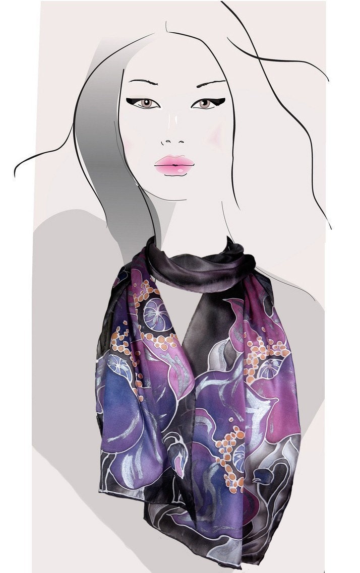 Purple and Black floral, hand painted silk scarf:  Midnight Poppies