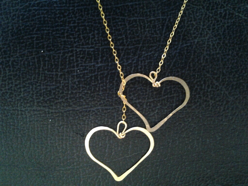 Two 14k Gold Filled Hammered Hearts Necklace  Wire Wrapped  Gold Heart  Gold Hearts Necklace, love necklace