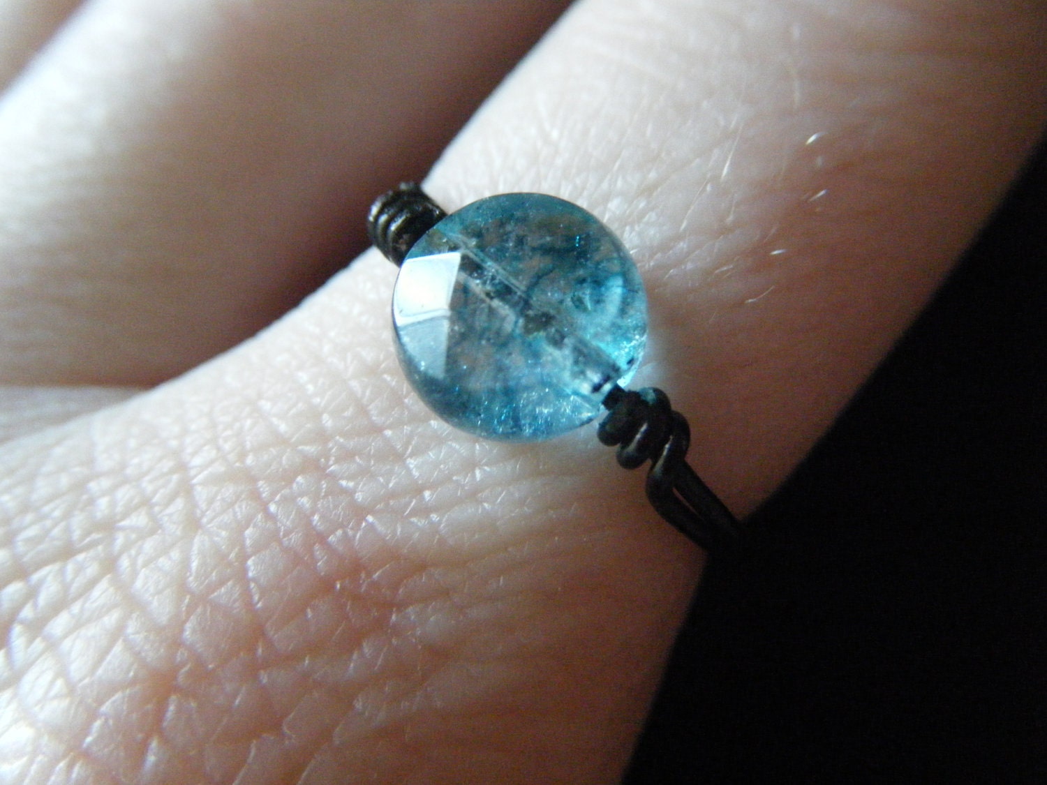 Quartz - Black Wire Wrapped Ring - Teal - Blue - Made to Order in your Size