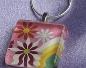 Daisy Flowers and Rainbow on Pink Background Scrabble Tile Glass Pendant