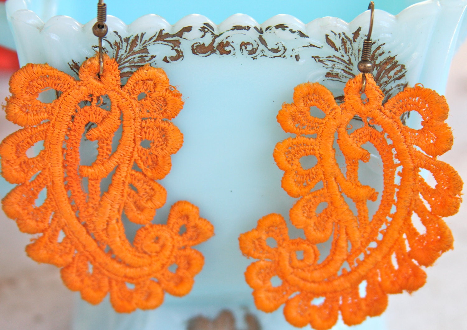 Vintage  CITRUS Tangerine Orange Lace Paisley Dangle Earrings
