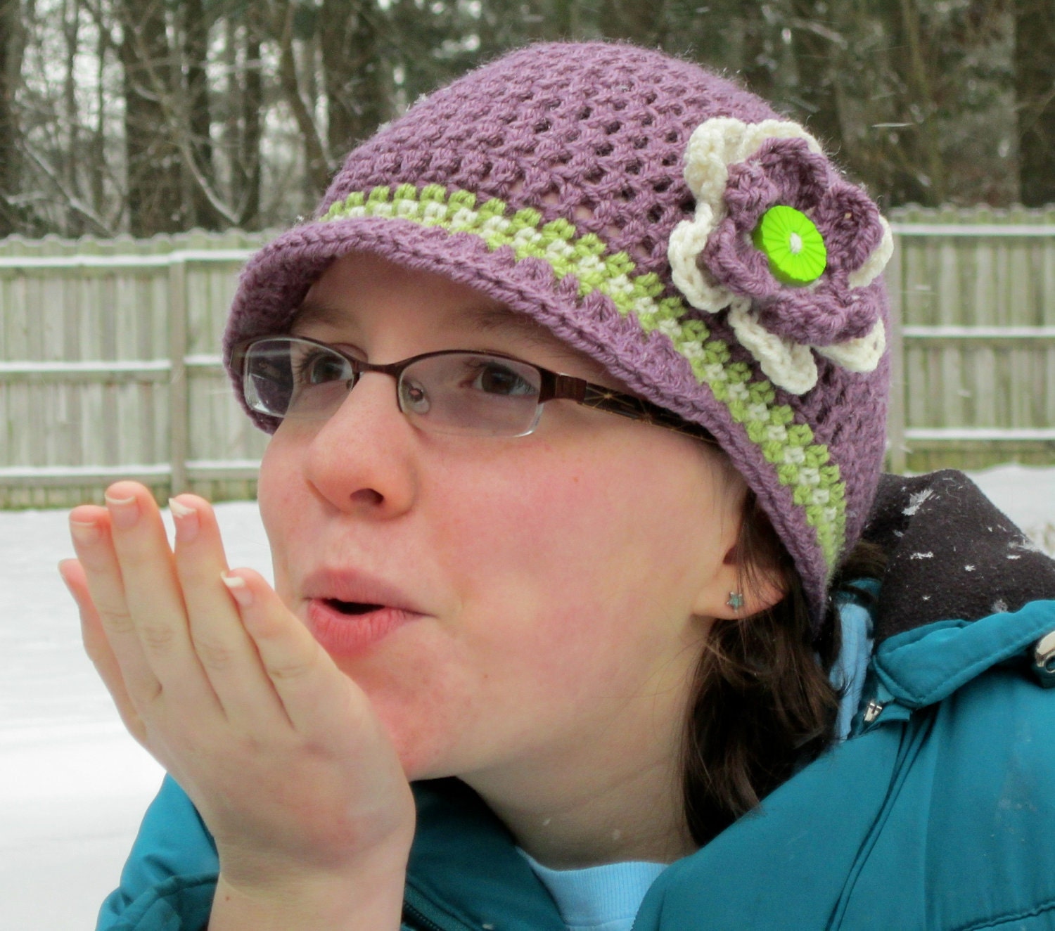 Purple Ladies Newsboy hat beanie crochet lavendar green and off white accented with a layered flower & green button