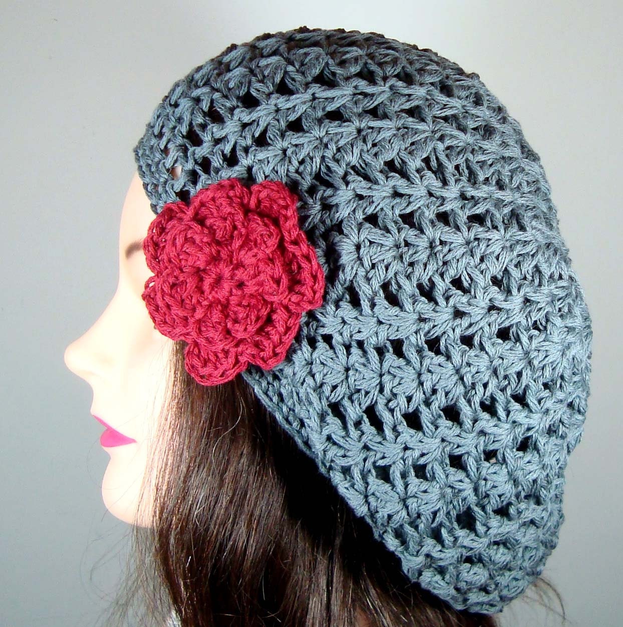 Crochet Beret Hat in Slate Gray with Red Flower