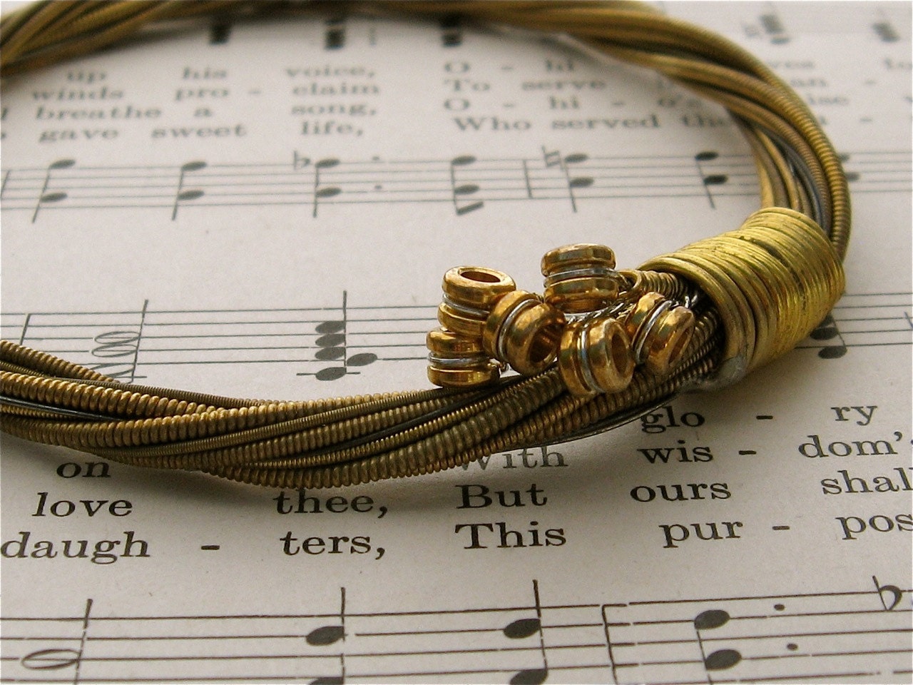 Recycled Acoustic Guitar String Bracelet gold colored with colored ball ends attached Mens or Womens  MEDIUM free shipping to US front page