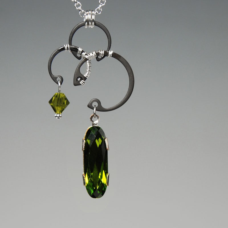 Deimos v3: Wire wrapped industrial neckalce with olivine Swarovski crystals
