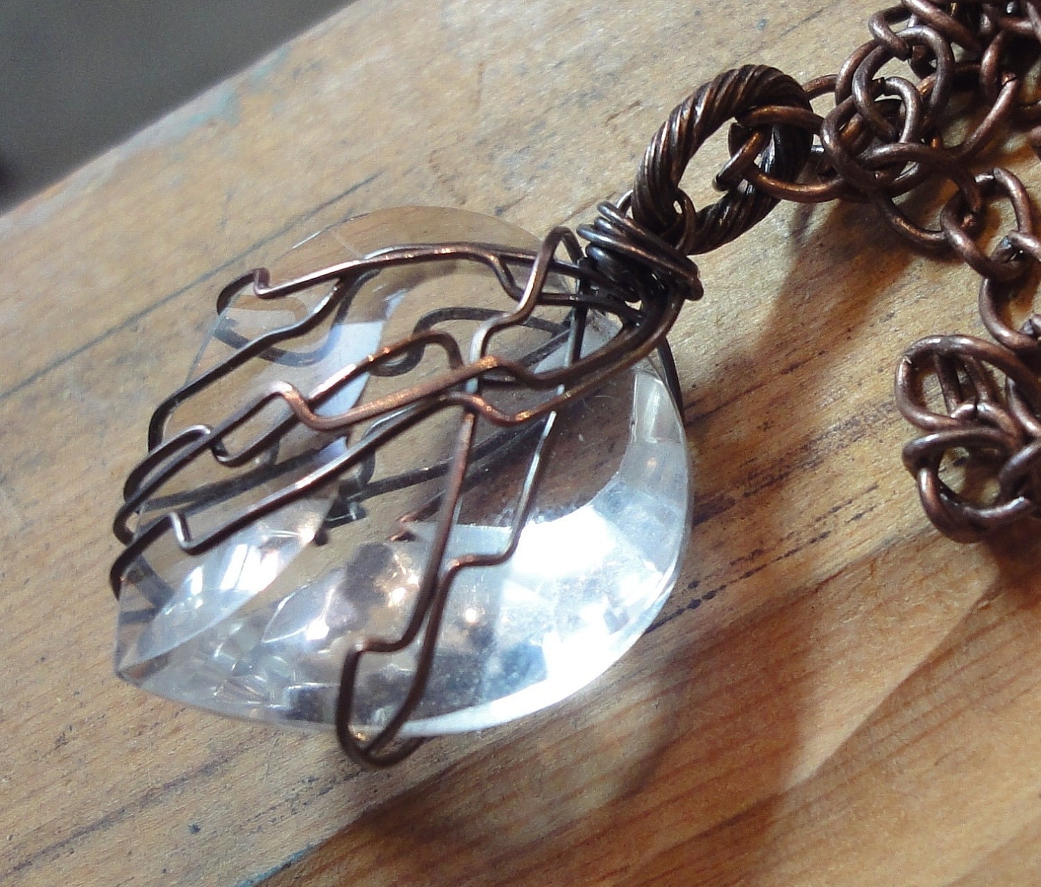 Quartz Necklace Spiral Cut Gemstone Heart Pendant Rustic Copper Wire Wrapped Heart Necklace - TheTwistedPretzel