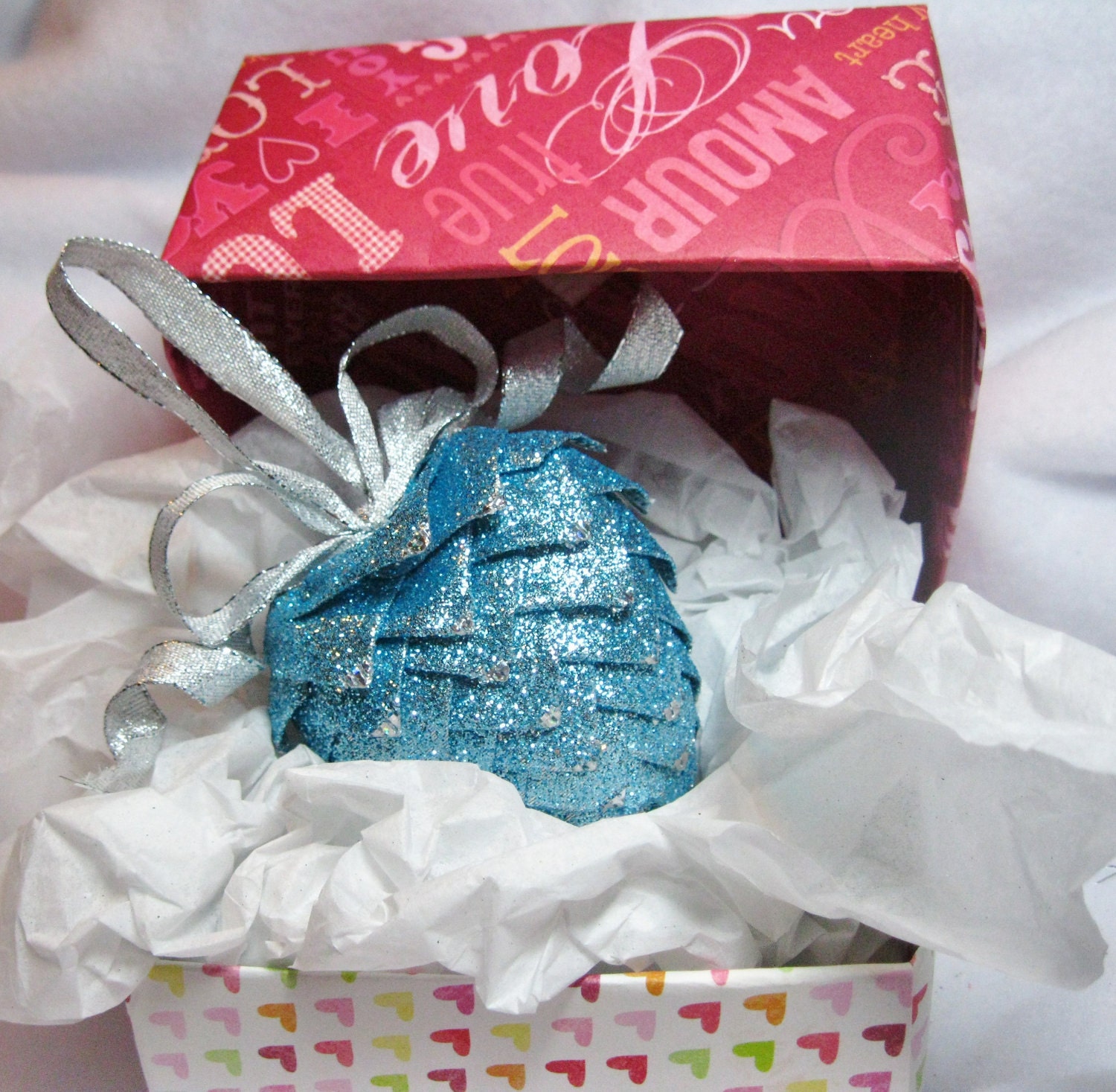 collectible handmade ribbon heart ornament, aqua blue