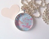 Glass Tile Pendant, Blue Abstract w/ Cabaret fuchsia and Tangerine tango - chain included
