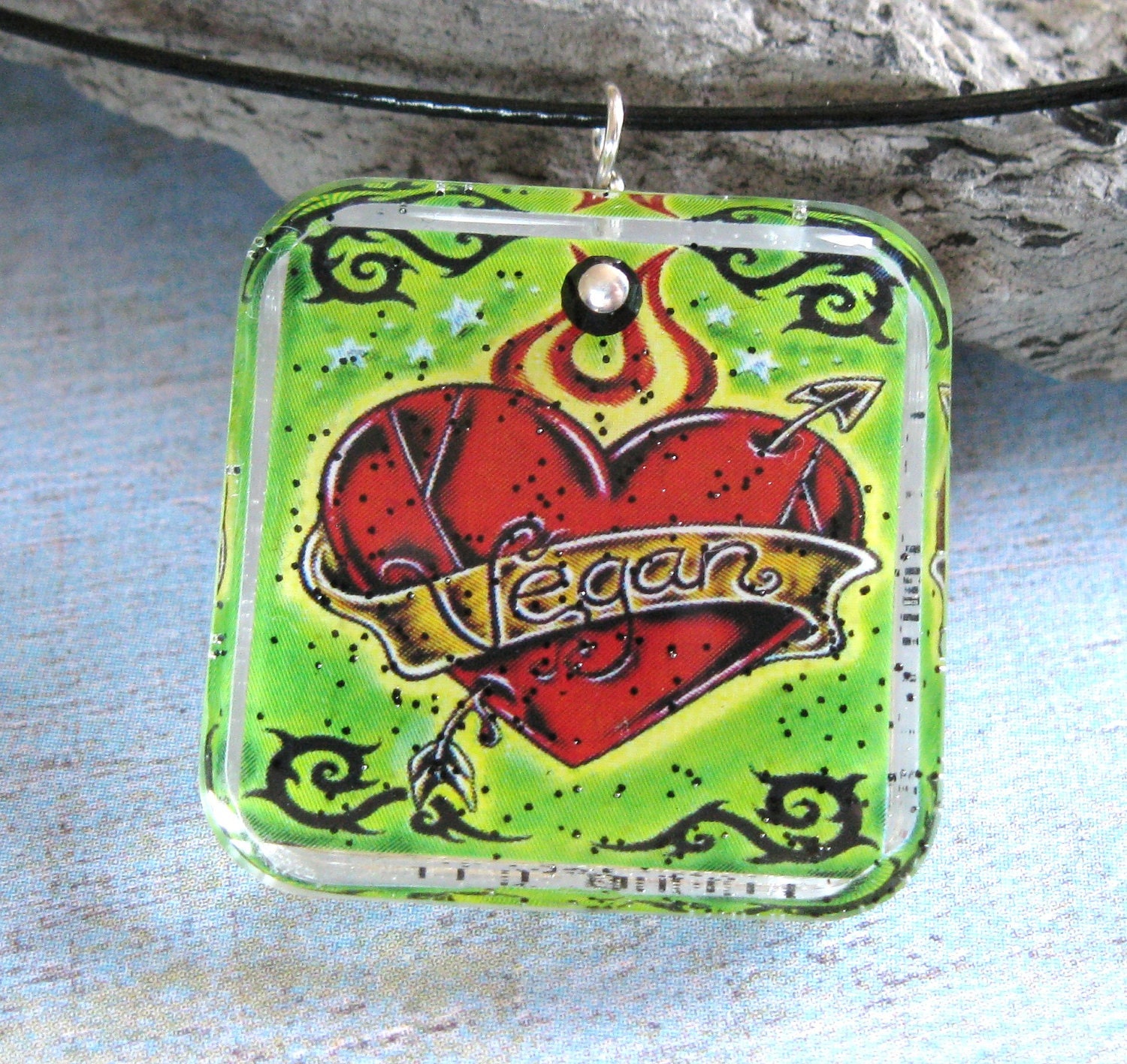 Vegan Red Flaming Heart Tattoo Inspired sterling silver swarovski pendant necklace Hippie Chic Boutique