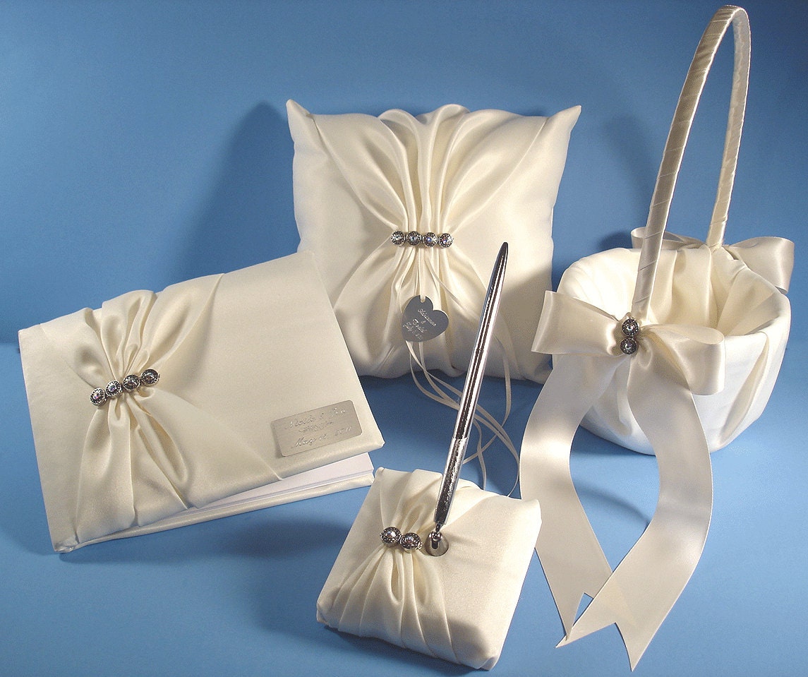 Wedding Accessories, Guest Book, Pen, Flower Girl Basket, Ring Bearer Pillow, Any Color with Swarovski Crystals and Engraving