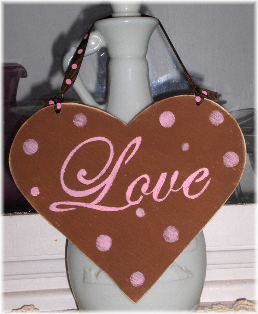 Valentine Heart Love Shabby Chic Cottage Brown Wood Sign With Pink Polka Dots Custom Colors