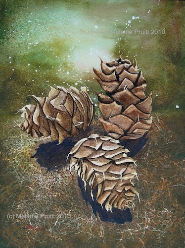 GICLEE 8x10 Enchanted Forest Pinecone PRINT watercolor painting by M. Pruitt