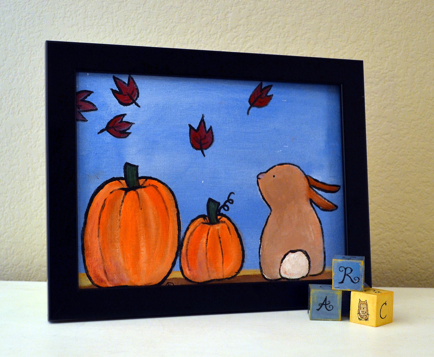 Autumn Painting, Pumpkins and Rabbit Nursery Decor 12 x 9, Artwork for Kids, Wall Art, Nursery Art, Kids Room