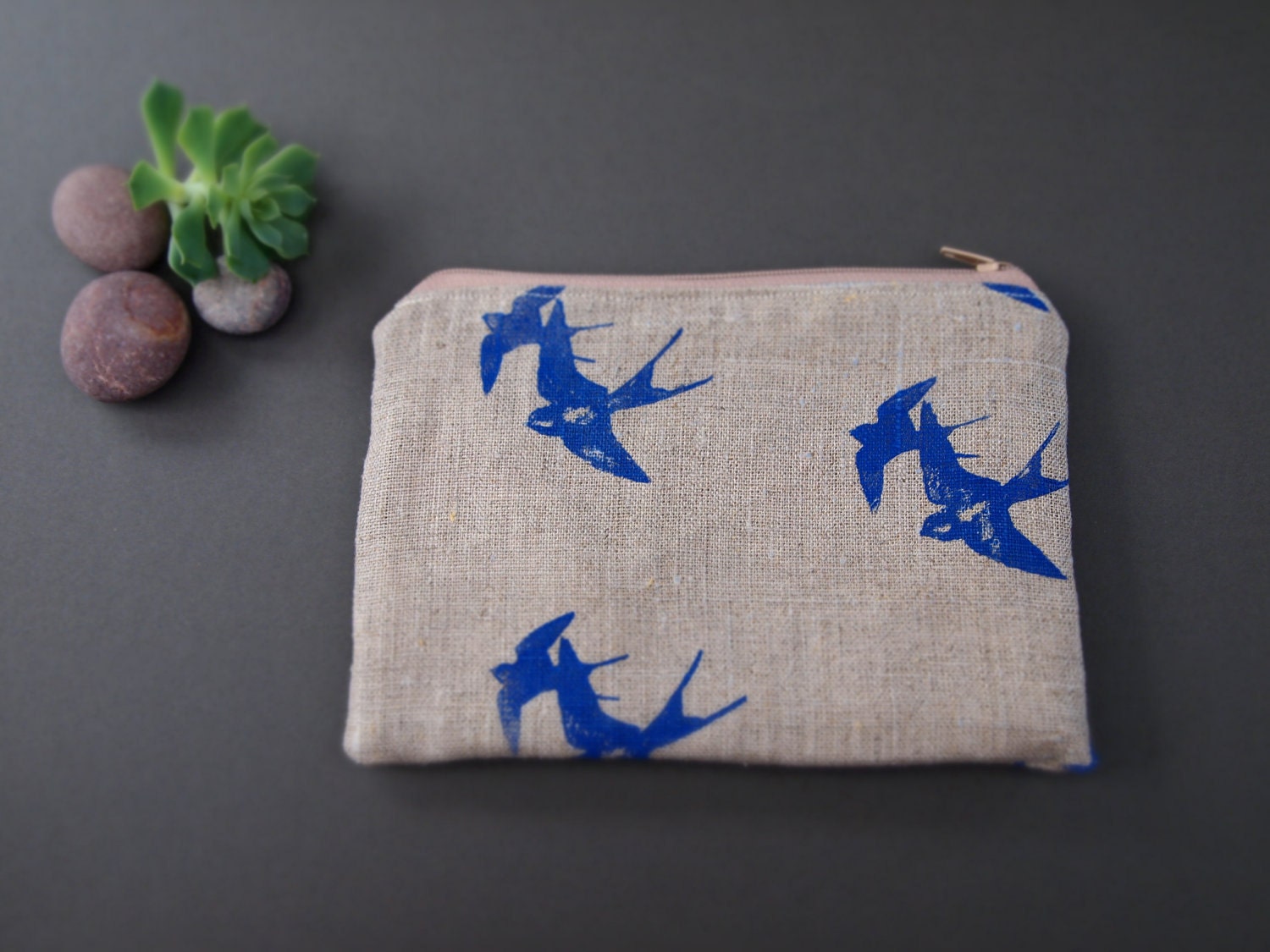 linen hand printed bird swallow zipped purse pouch cornflower blue