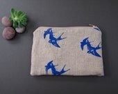 linen hand printed bird swallow zipped purse pouch cornflower blue