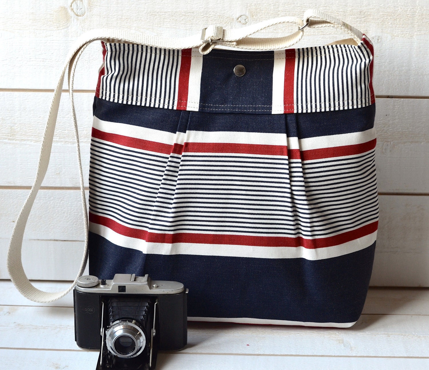 Stockholm Diaper bag Denim navy ,Red and Ecru  Pleated French Messenger - Water Resistant -8 Pockets