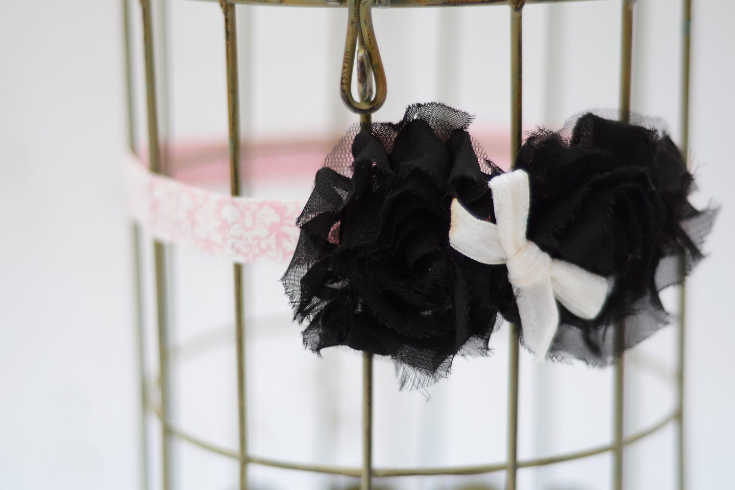 SALE...Shabby Chic Black Flowers on Pink and White Damask with Velvet Bow Infants, Babies or Adults