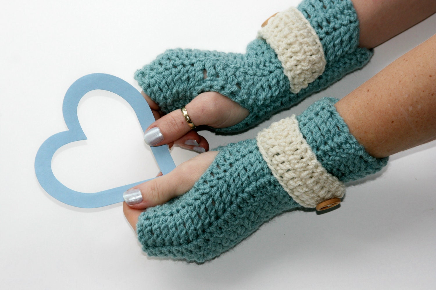 Blue Fingerless gloves hand warmers crochet in dusty blue off white beige ecru strap and wood buttons