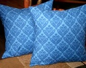 Decorative Accent Throw Pillow Covers - Set of Two - Blue on Blue Damask