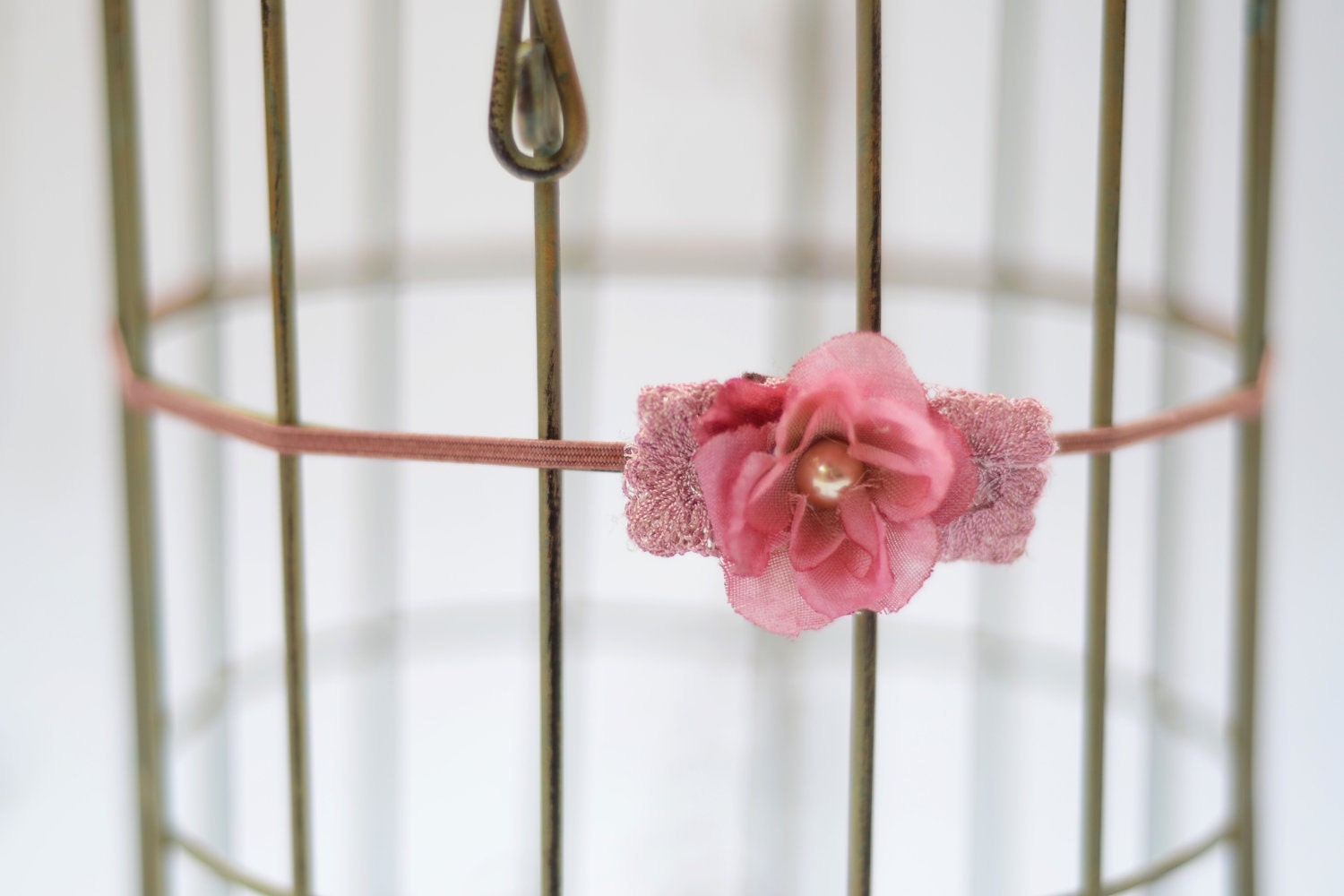Antiqued Fuschia Tea Rose with Lace and Taupe Pearl on Cocoa Stretch Headband Infants, Babies or Adults