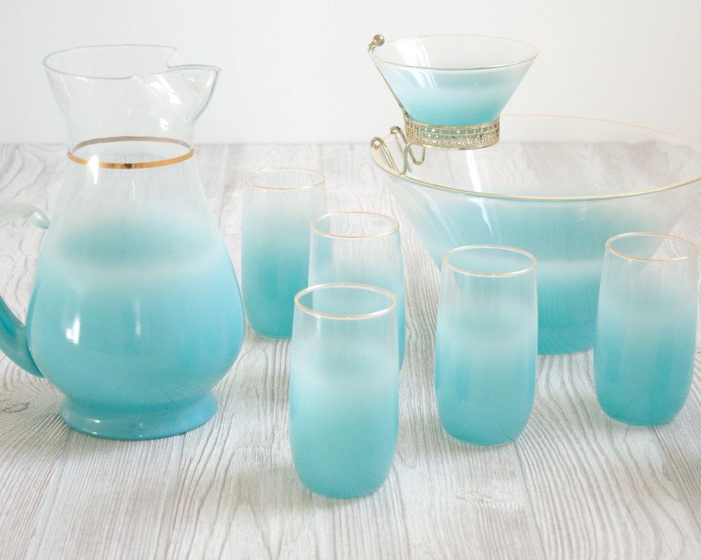 Large aqua-clear ombre vintage glass ware set