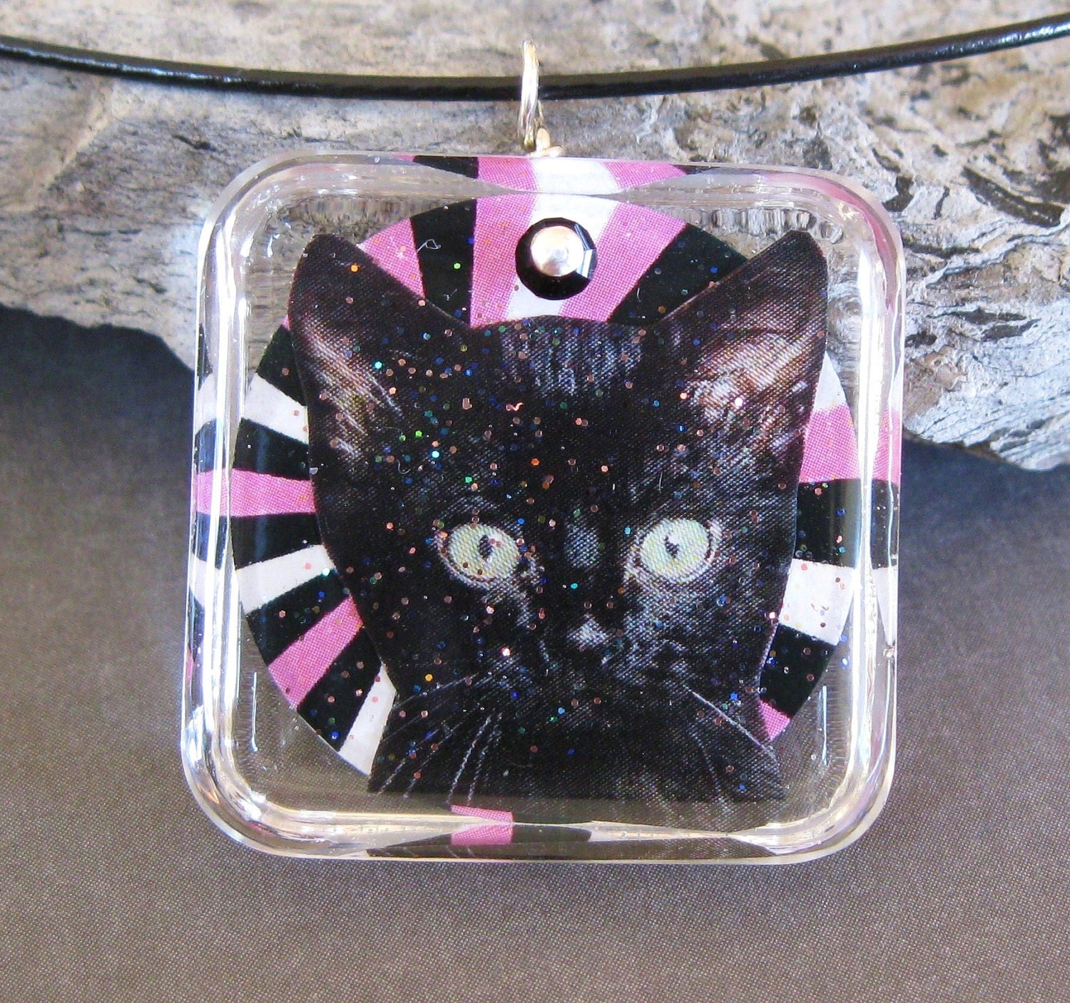 There is Superstition Black Kitty Cat Hot Pink sterling silver swarovski pendant necklace Hippie Chic Boutique
