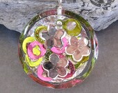 Lime Green and Pink with Silver Flowers sterling silver swarovski pendant necklace Hippie Chic Boutique