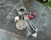 Upcycled Jewelry - "Our Love is Crystal Clear" Necklace with Antique Chandelier Crystal, Cherub Charm, Pink Swarovski Heart and White Pearl